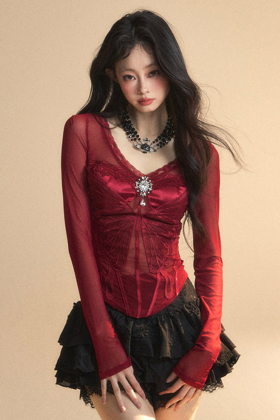 Top Mesh Cranberry Pre-order product Australian Lace V-Neck