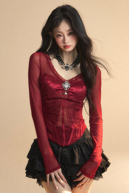 Top Mesh Cranberry Pre-order product Australian Lace V-Neck