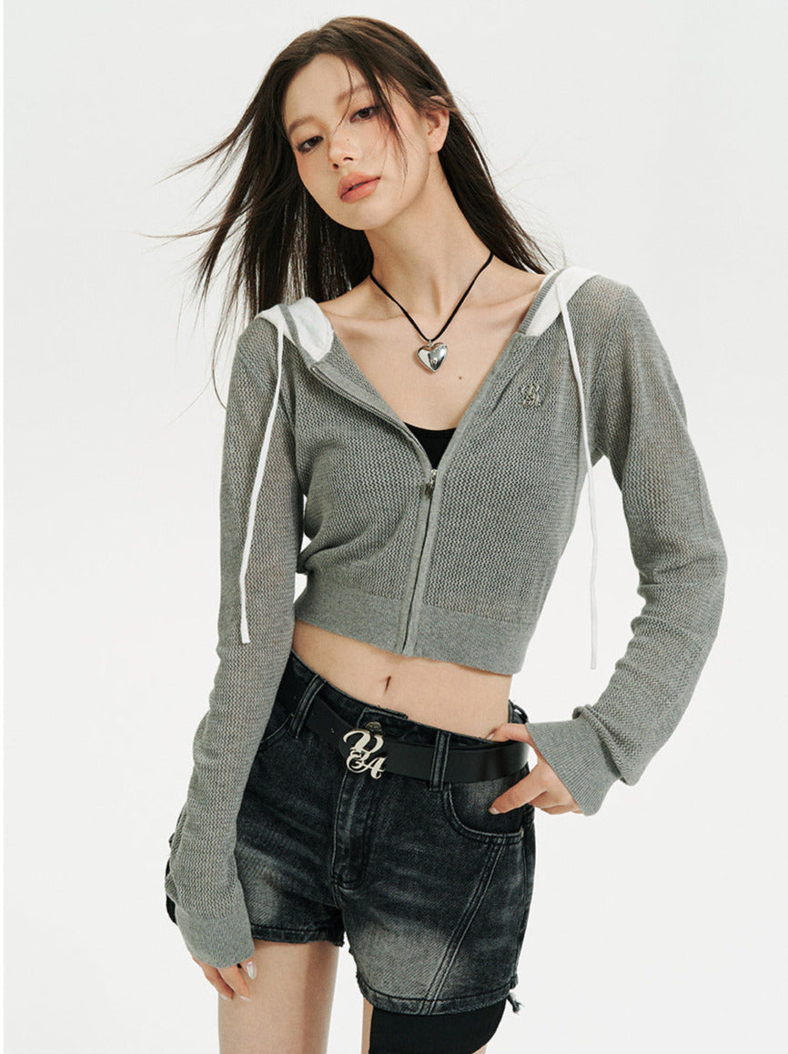 Sheer Zip Mesh Knit Short/Long Hoodie