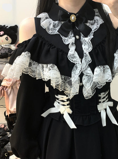 リボンレースオフショルダーシャツ