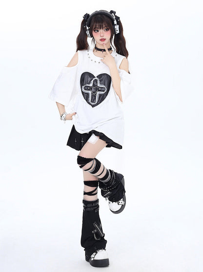 Dunkles T-Shirt mit genieteter Spitze Love Loose Open Shelder