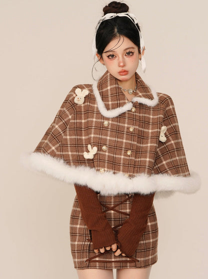 Check Rabbit Fur Mant + Tight Lace-Up Suspender Skirt