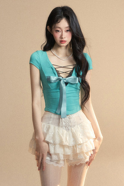 Top Reservations Ribbon Trim Lace Chic Crop