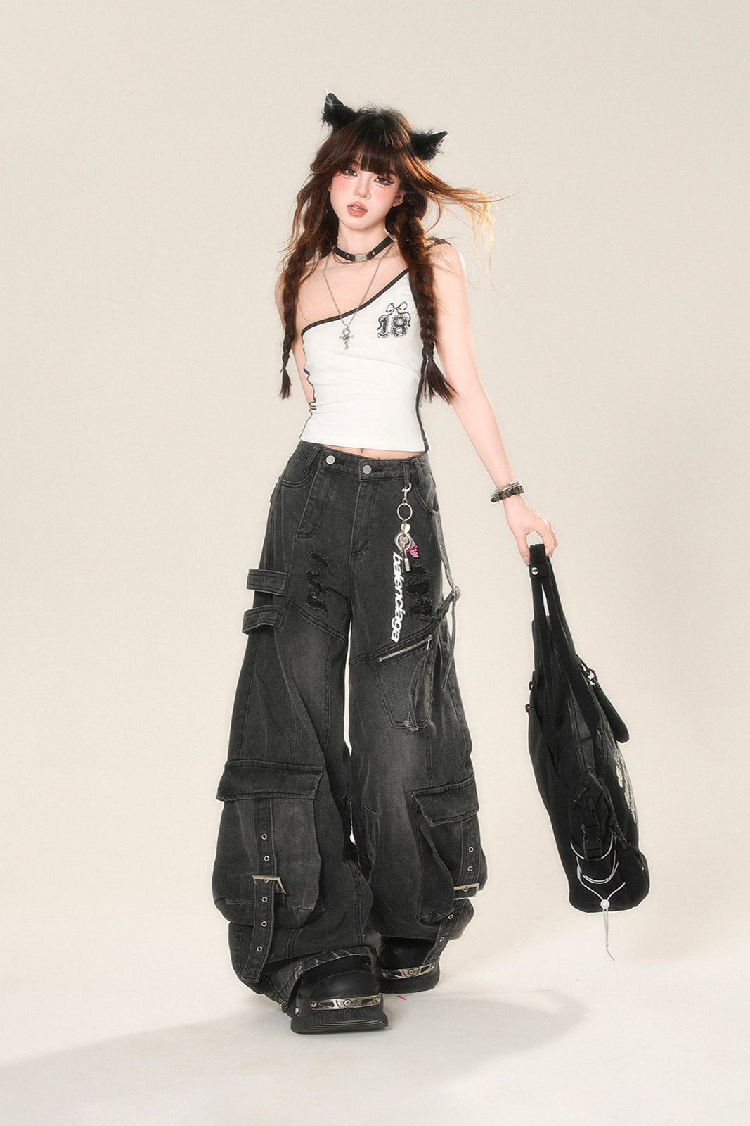 street high wide Rip denim pants