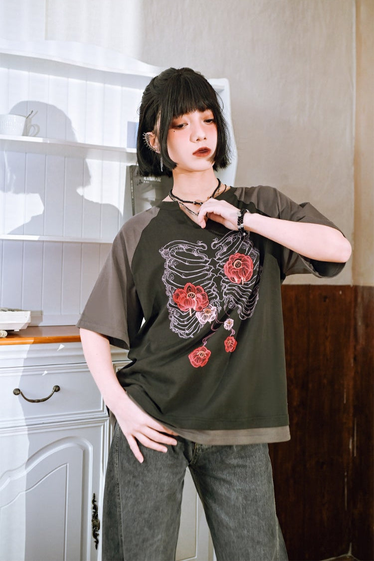 Bone Flower Bicolor Raglan Top V-Neck