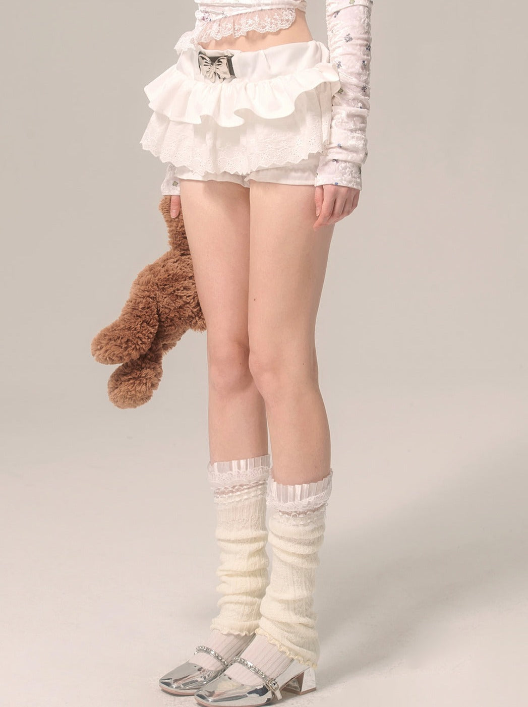 Pearl Ribbon Skirt White French Pants Lace Flared White Eye