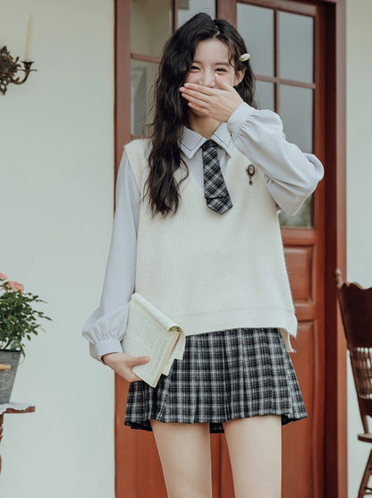 Gilet, jupe universitaire, tricot à carreaux colorés, chemise rétro