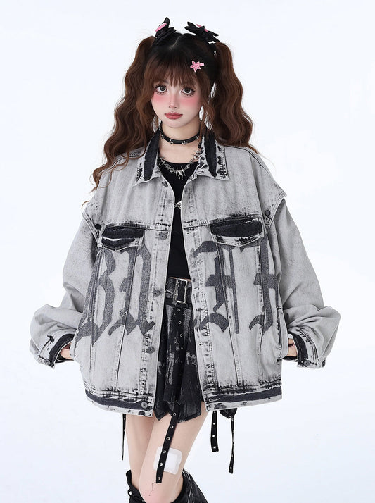 Veste de moto en denim rétro style américain ample et streetwear