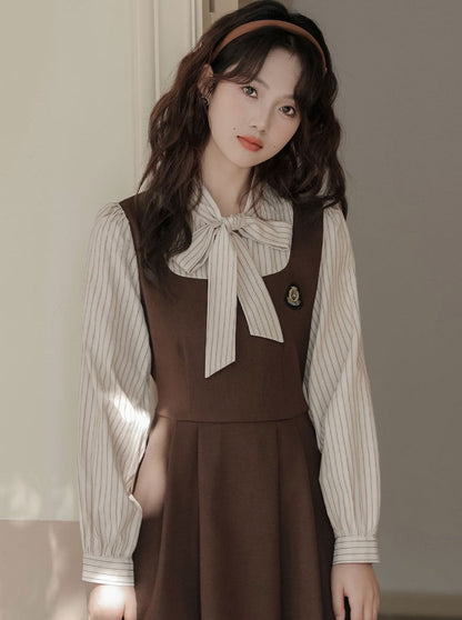 Striped Style Dress Splicing Faux College
