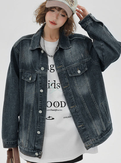 Veste américaine délavée en denim nostalgique ample et rétro
