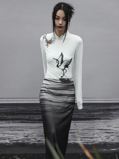 Long Dress Painting Knit Slim China Print Ink