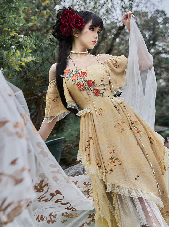 エレガントなストラップスクエアカラーローズオフショルダードレスイレギュラー