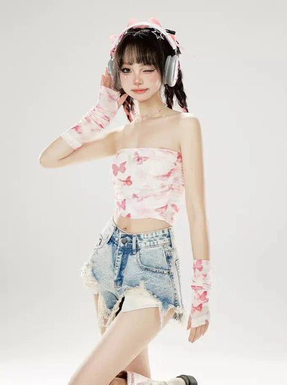 Butterfly + Top Arm Cover Tube Print Sleeves Mesh