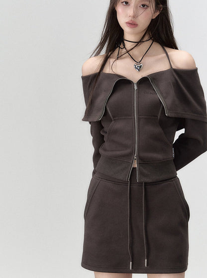 Off-the-shoulder + strap sweatshirt skirt zip-up top