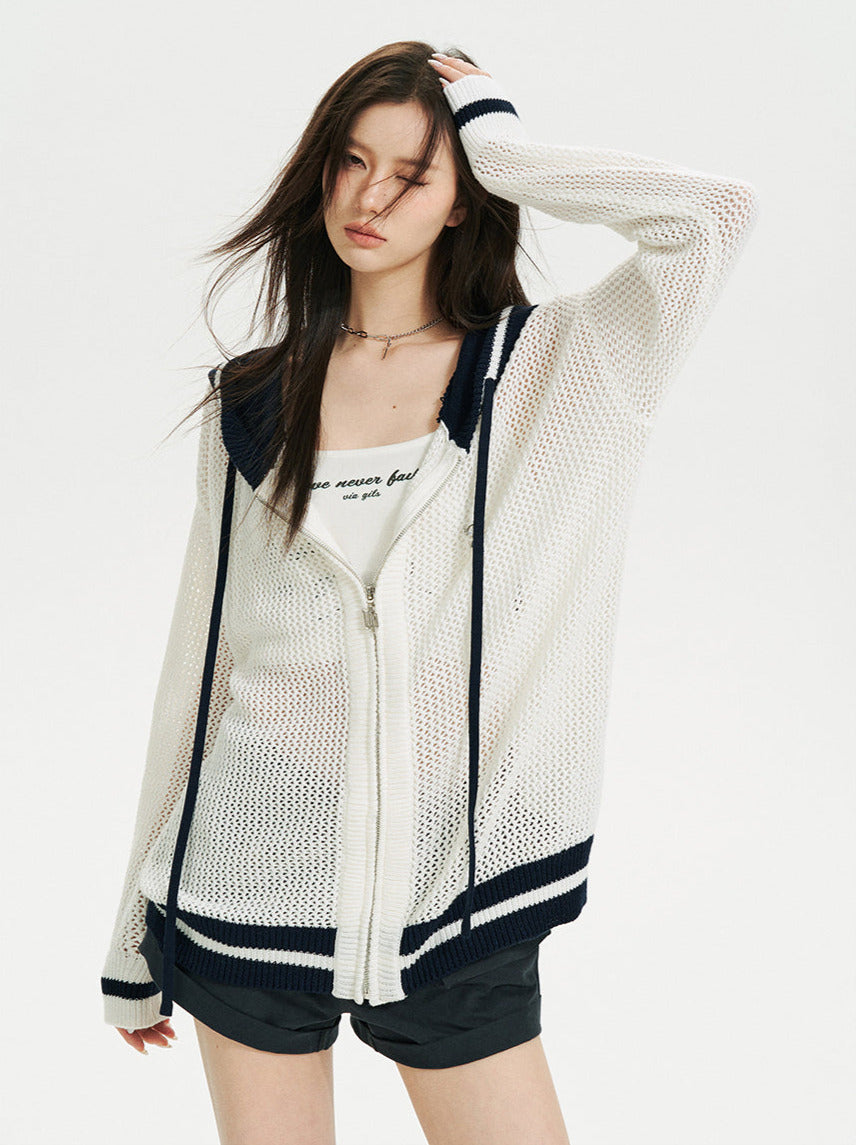 Sheer Zip Mesh Knit Short/Long Hoodie