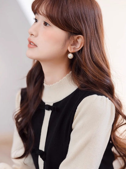 Piece Collar High Dress Half Two Contrast Faux