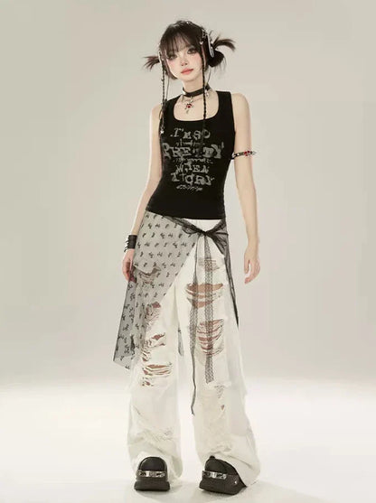 Tank Letter Black Top American Design Print