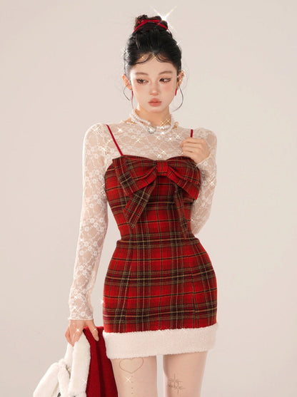Bear Dress Suspender Red Collar Gummy Check + Tops Inner Lace