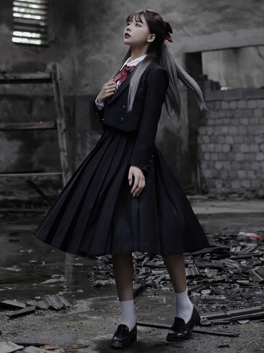 Chemise de princesse blanche, veste courte, style robe à col en V, style collège, plissée noire
