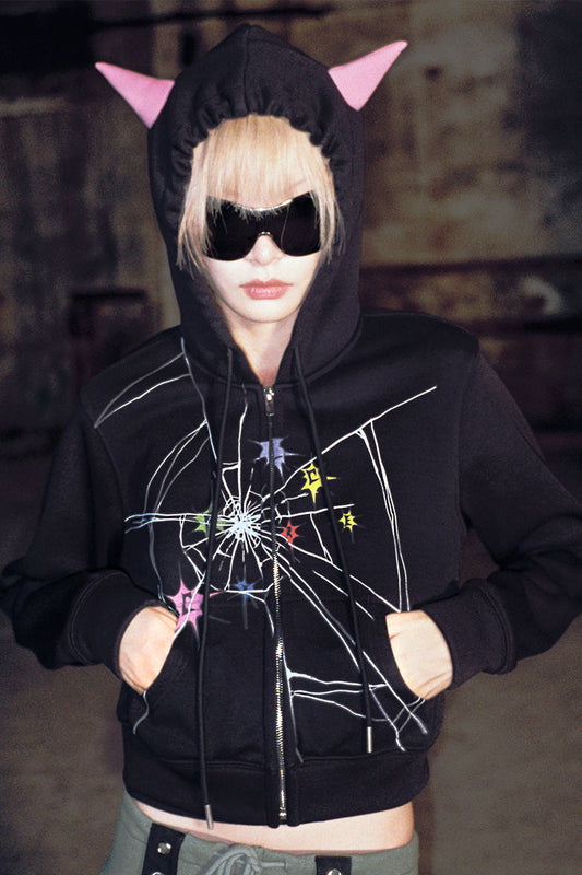 Devil Pointed Crackle Kapuzen-Kurzpullover