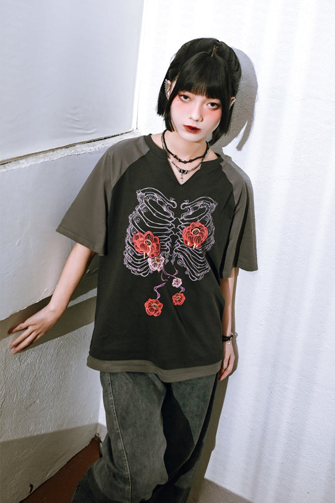 Bone Flower Bicolor Raglan Top V-Neck