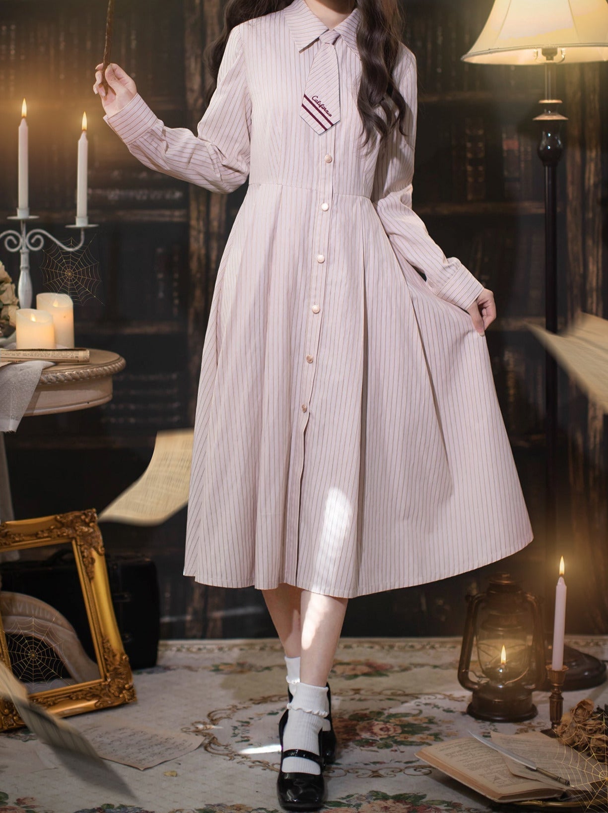 Shirt Dress Color + Tie Pleated Navy Suit Striped Badge Retro Magic Dress Academy