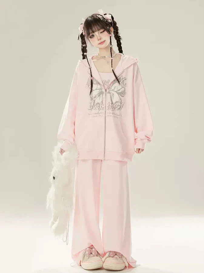 Zip Girly + Loose Butterfly Camisole Pants Jacket Ribbon Sweatshirt Hooded Pink