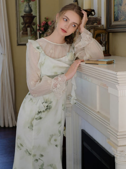 Skirt Top Green Camisole Flower Sheer + Chiffon