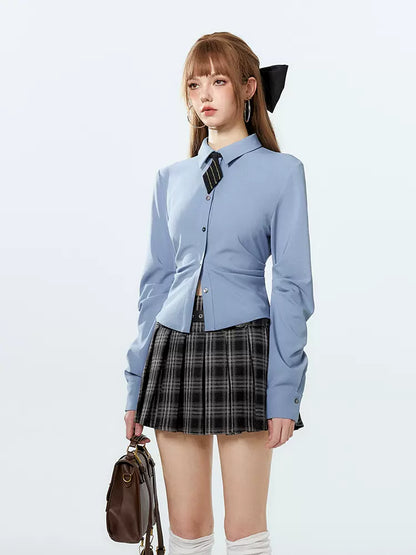 Style Tie Shirt College Waist Diamond Pleated