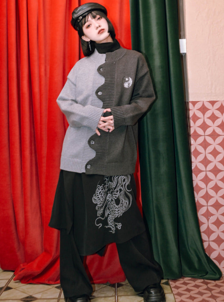 Two Piece Faux Splicing Pants Layered Wide Dragon