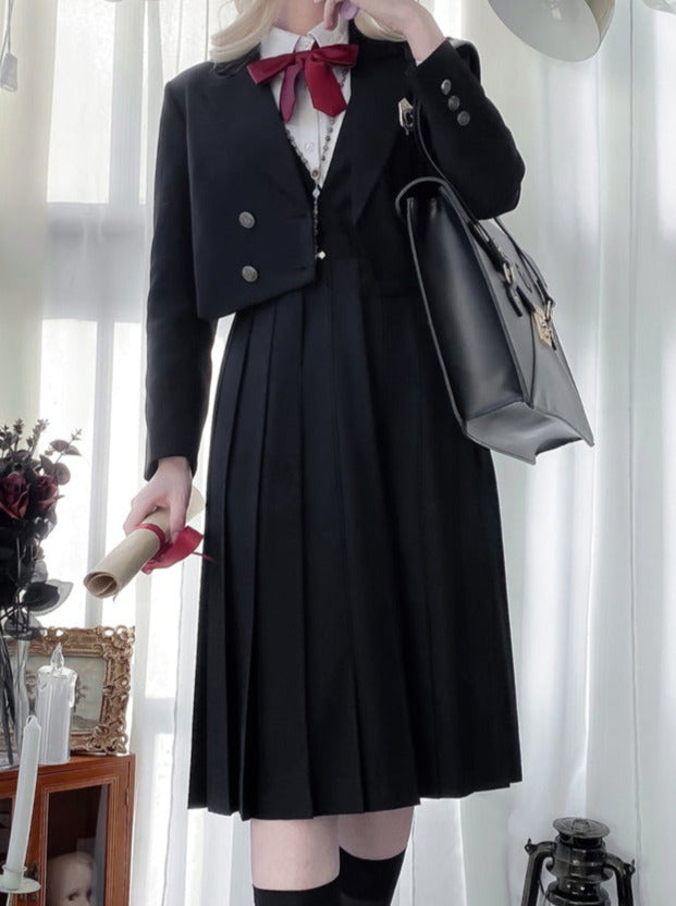 Hemdjacke Weißes Kleid Schwarzes Prinzessinnen-Kurzkleid Plissee-Stil College V-Ausschnitt