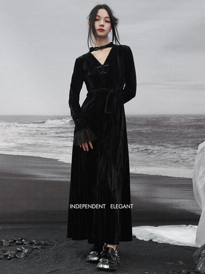 Splicing Stand Chinese V-Collar Mesh Romantic Retro Velvet Black Dress