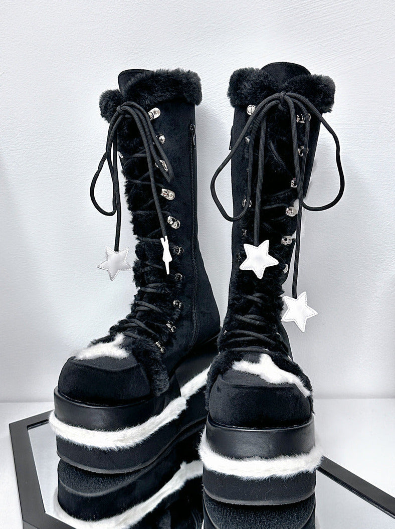 Bottes de sous-culture Y2K à plateforme mi-haute en velours et étoile