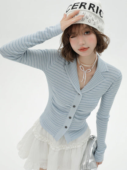 Knit Collar Light Stripe Top Blue Suit