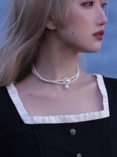 Square Black Pearl Waist Necklace French Collar Dress Black Ribbon Catsuit Retro