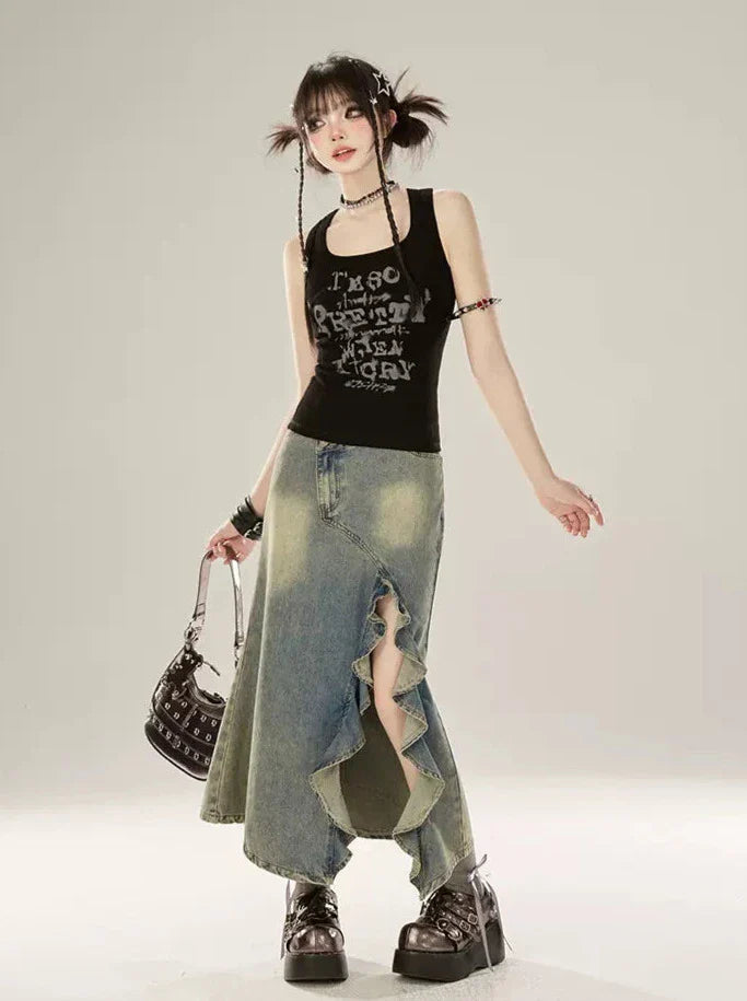 Skirt Slit Denim Frill Design