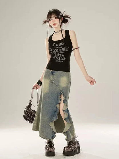 Skirt Slit Denim Frill Design