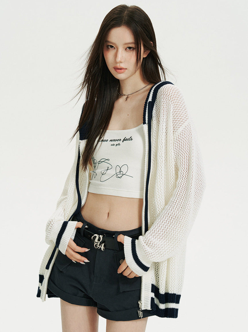 Sheer Zip Mesh Knit Short/Long Hoodie