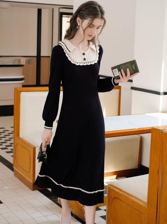Splicing Black French Long Dress Lapel Queen Serenade Knit Classic