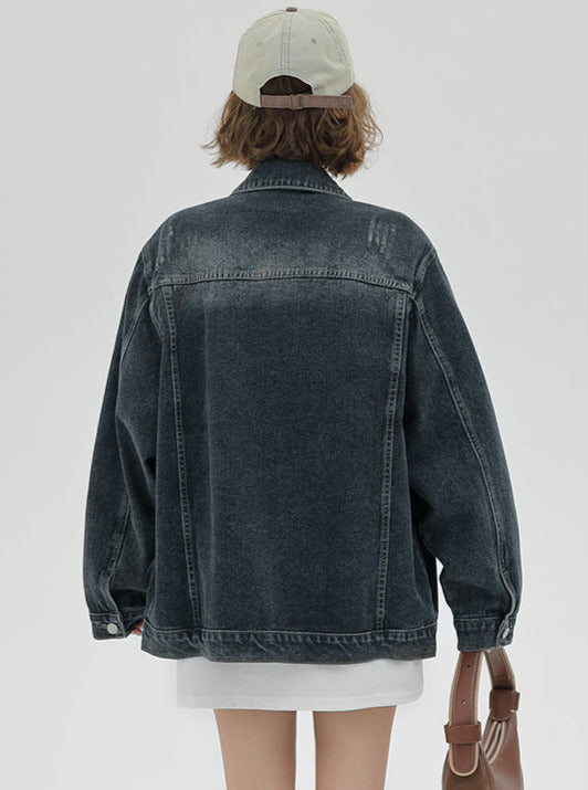 Veste américaine délavée en denim nostalgique ample et rétro