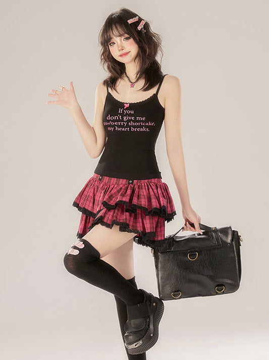 Skirt Ribbon + Top Cake Cami Print Check Black