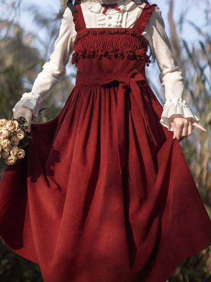 Bretelles tissées roses + chemise intérieure en plumes + robe blanche avec corsage poème + veste à volants rouge à volants rétro rose