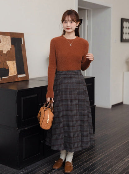 Gray Skirt Check Pleated Long Retro