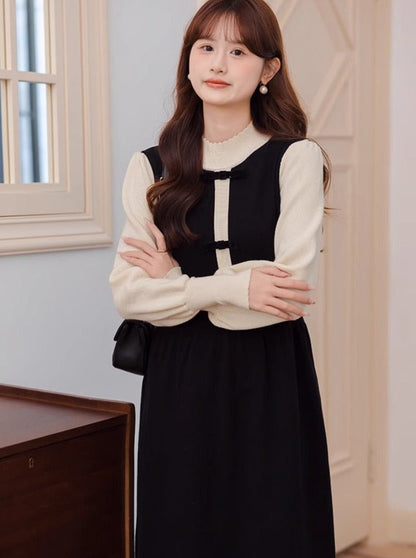 Piece Collar High Dress Half Two Contrast Faux