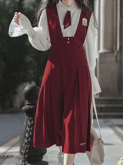 Shirt Retro Chiffon Badge + College Lace Tie + Elegant + Red Red Emblem Sundress
