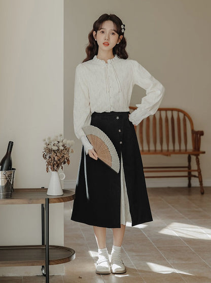 Lace China French Skirt Shirt Slit Retro