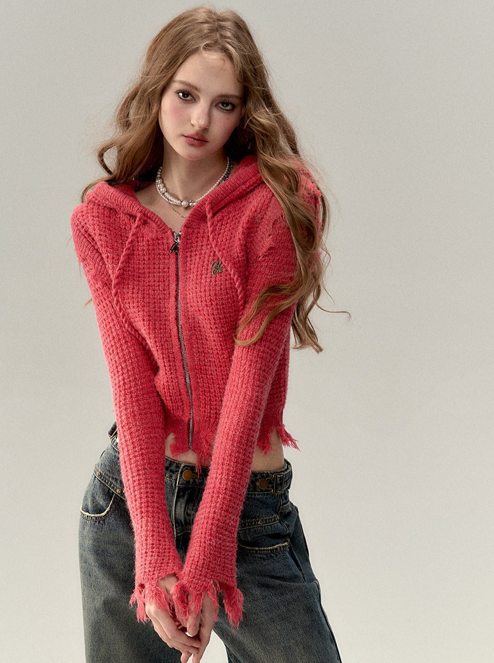 Zip-Up Logo One Point Hoodie Damage Knit Hooded