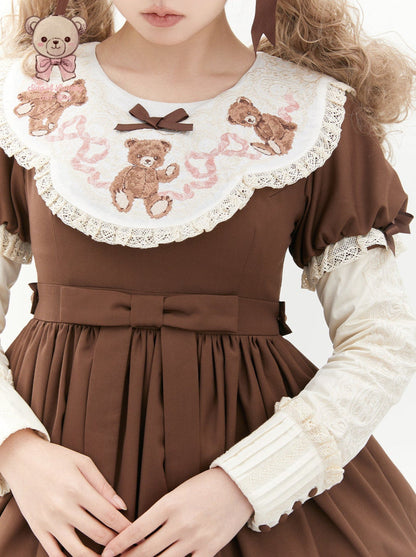 ロリータテディベアフラップレースパフスリーブリボンデレス