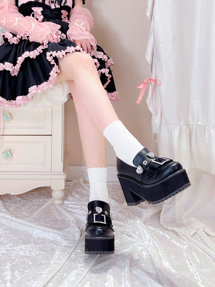 Enamel Platform Shoes Matte Toe Jewel Pointed Black Black Loafer