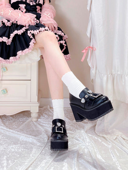 Enamel Platform Shoes Matte Toe Jewel Pointed Black Black Loafer